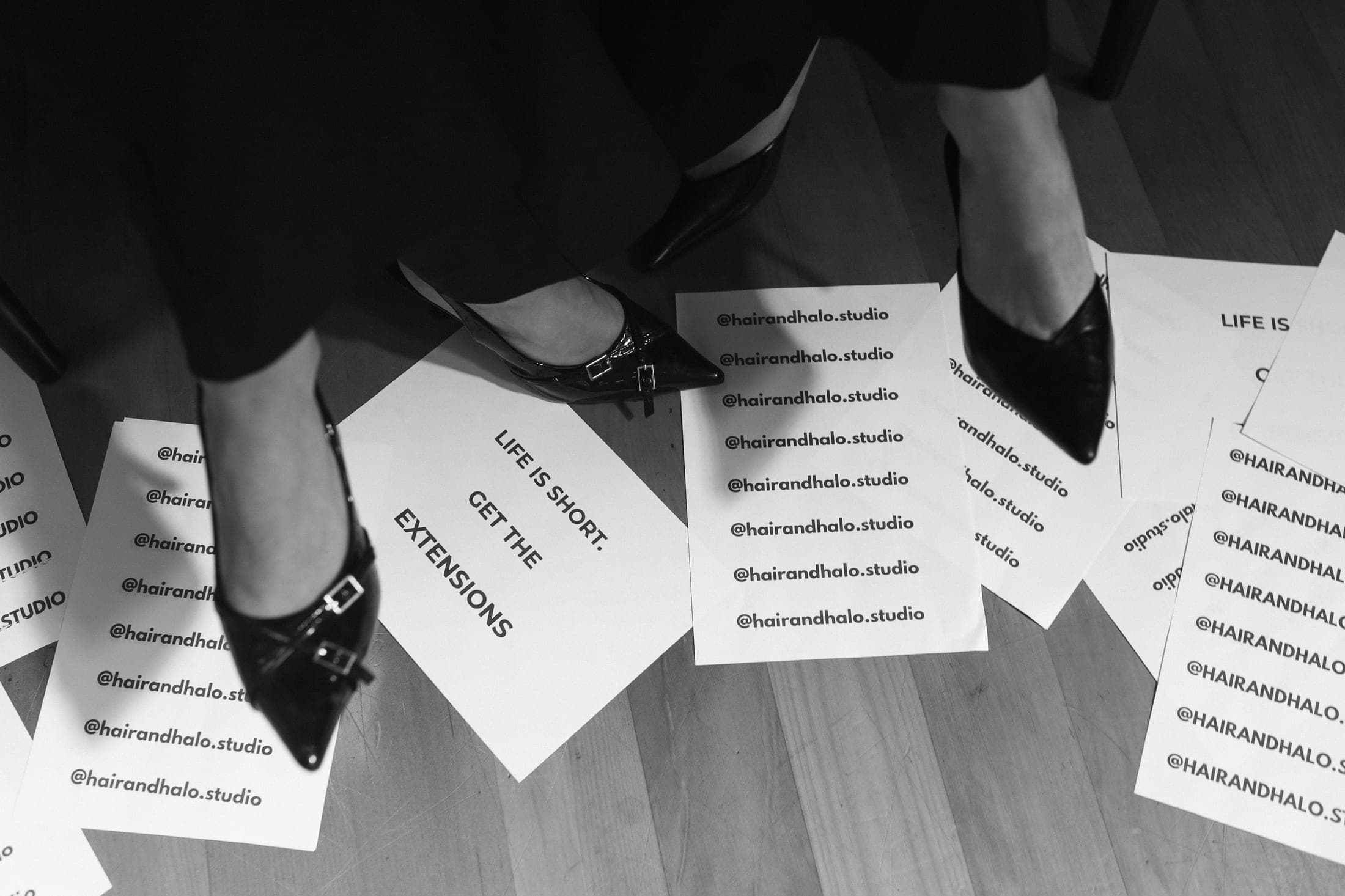 Hair and Halo Studio event cards and heels